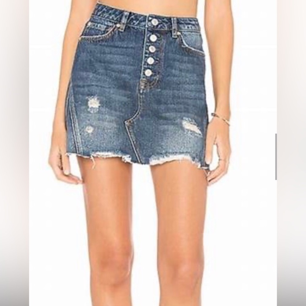 Free People Denim Button-Up Distressed Skirt